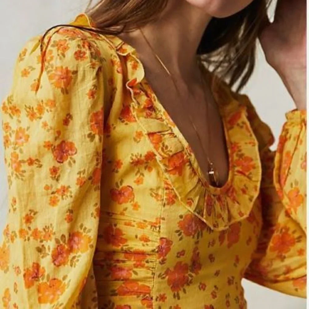 Free People Yellow Floral Print Blouse Ruffles Ruching Balloon Sleeve Small NWT